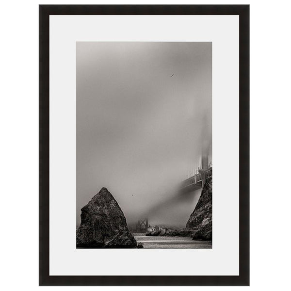 Image shown in Black Onyx frame with white mat. San Francisco, California, Golden Gate Bridge, photographed through the clouds by Vincent Versace.