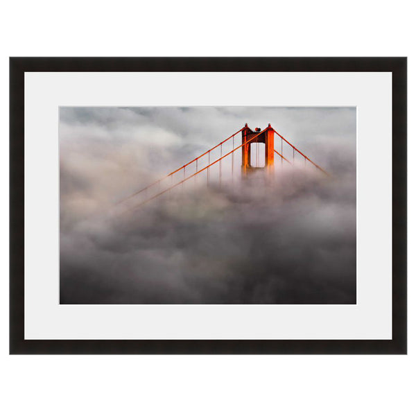 Image shown in Black Onyx frame with white mat. San Francisco, California, Golden Gate Bridge, photographed through the clouds.