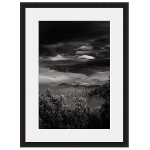 Image shown in Black Onyx frame with white mat. Mountains, Forest, Trees and Clouds photographed through the clouds.